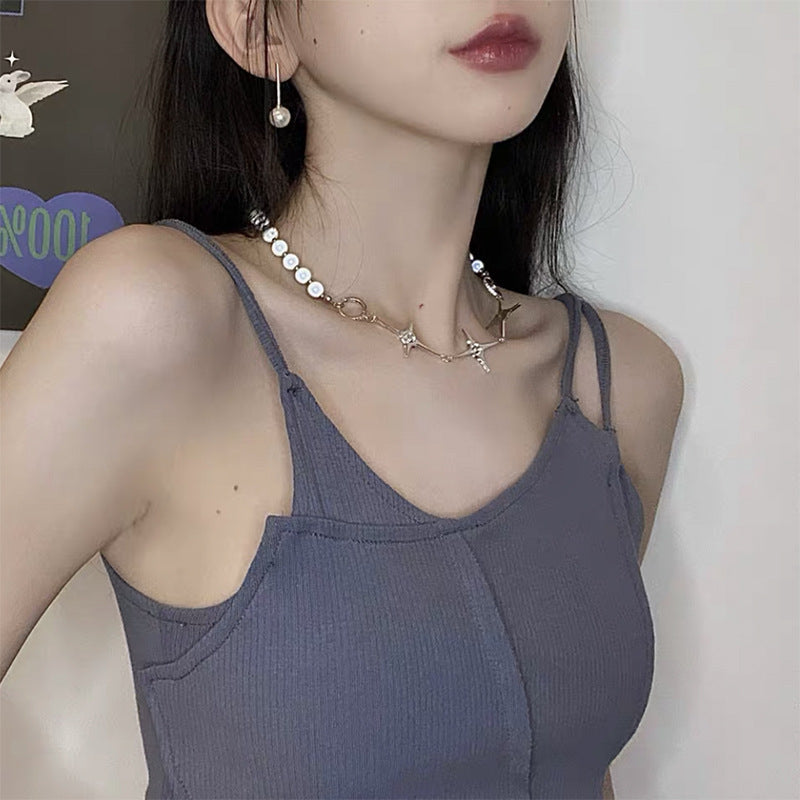 Blue Luminous Pearl Stitching Necklace