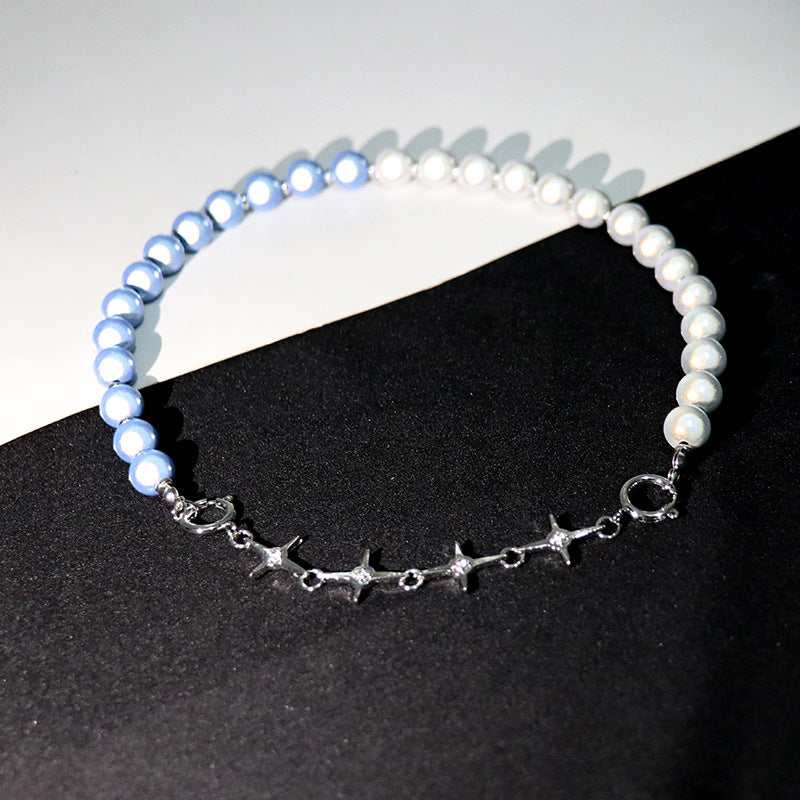 Blue Luminous Pearl Stitching Necklace