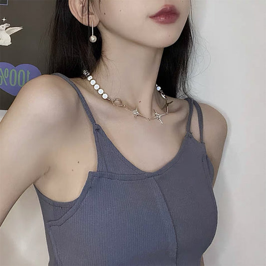 Blue Luminous Pearl Stitching Necklace
