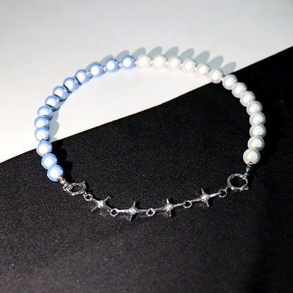 Blue Luminous Pearl Stitching Necklace