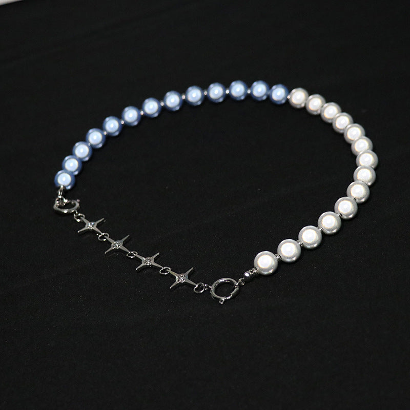 Blue Luminous Pearl Stitching Necklace