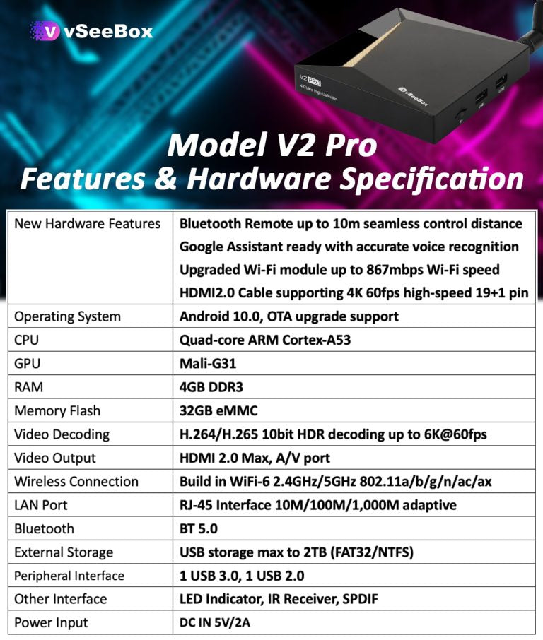 vSeeBox V2 Pro 2024, up to 6k FullHD with Voice Remote Control, Backlit Mini Keyboard, HDMI Cable 2.0 (4GB RAM + 32GB ROM)