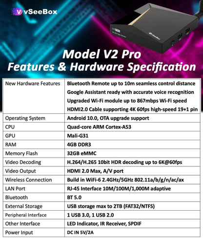 vSeeBox V2 Pro 2024, up to 6k FullHD with Voice Remote Control, Backlit Mini Keyboard, HDMI Cable 2.0 (4GB RAM + 32GB ROM)