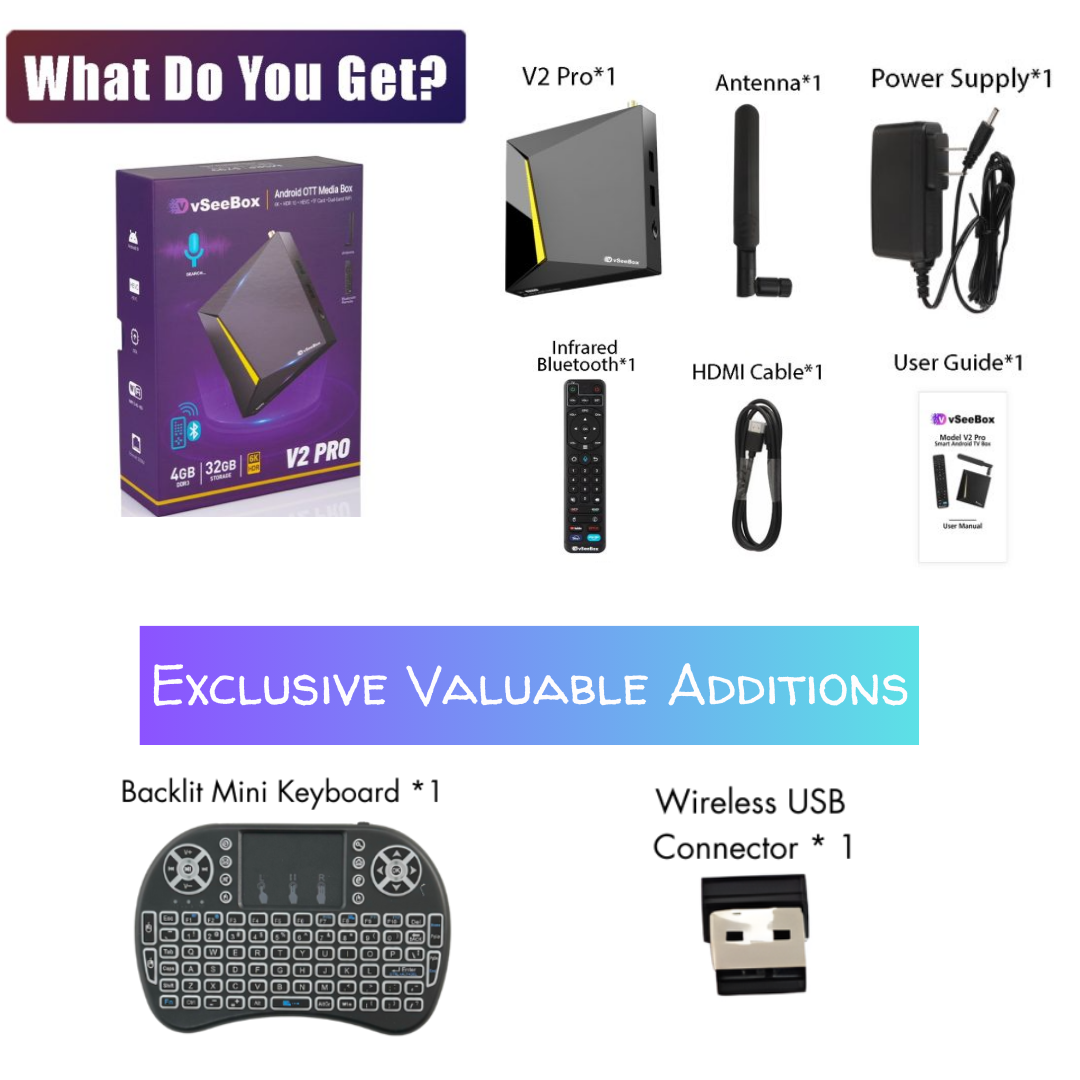 vSeeBox V2 Pro 2024, up to 6k FullHD with Voice Remote Control, Backlit Mini Keyboard, HDMI Cable 2.0 (4GB RAM + 32GB ROM)